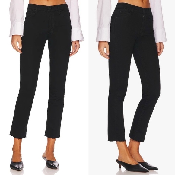 MOTHER- The Rascal Ankle Fray in Black Pitch Straight Leg Jeans Mid Rise Size 24 - Picture 1 of 11